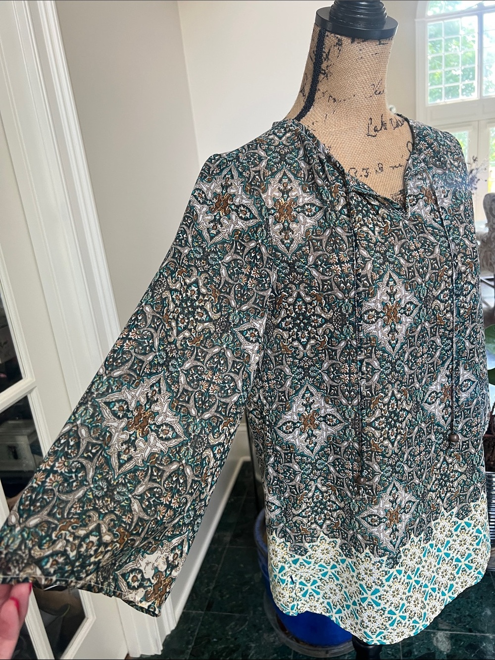Chico's Green Teal Patterned Tie-Neck Blouse Boho Hippie Vacation Cruise Travel